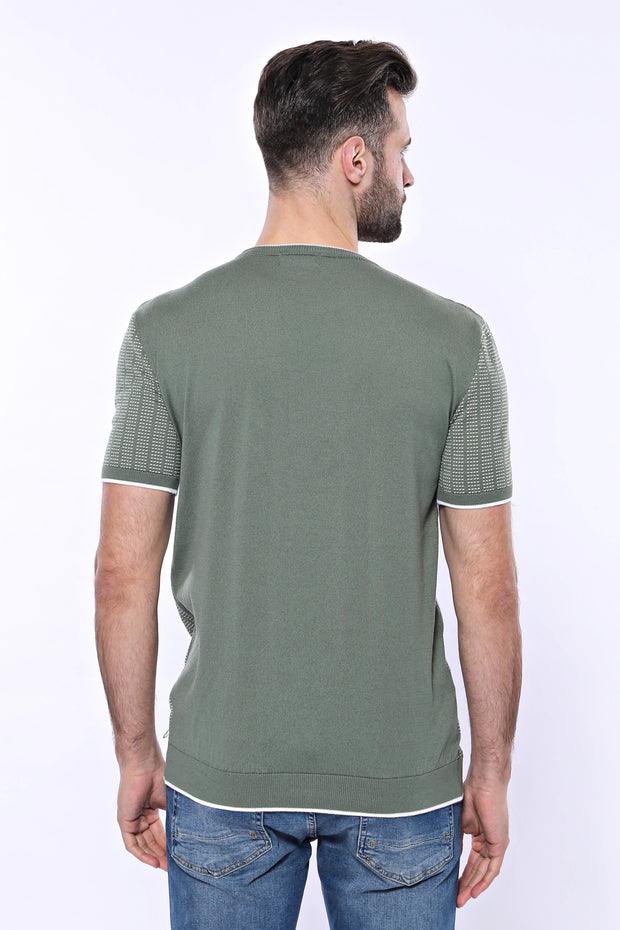 Circle Neck Patterned Green Knitted T-Shirt 3-piece-suit, Basic, Basic T Shirt, Casual, Crew Neck, Daily, Knit, Modern Fit, Patterned, Slim Fit, T-Shirt, Zippered T-ShirtBasic T Shirt - wessi