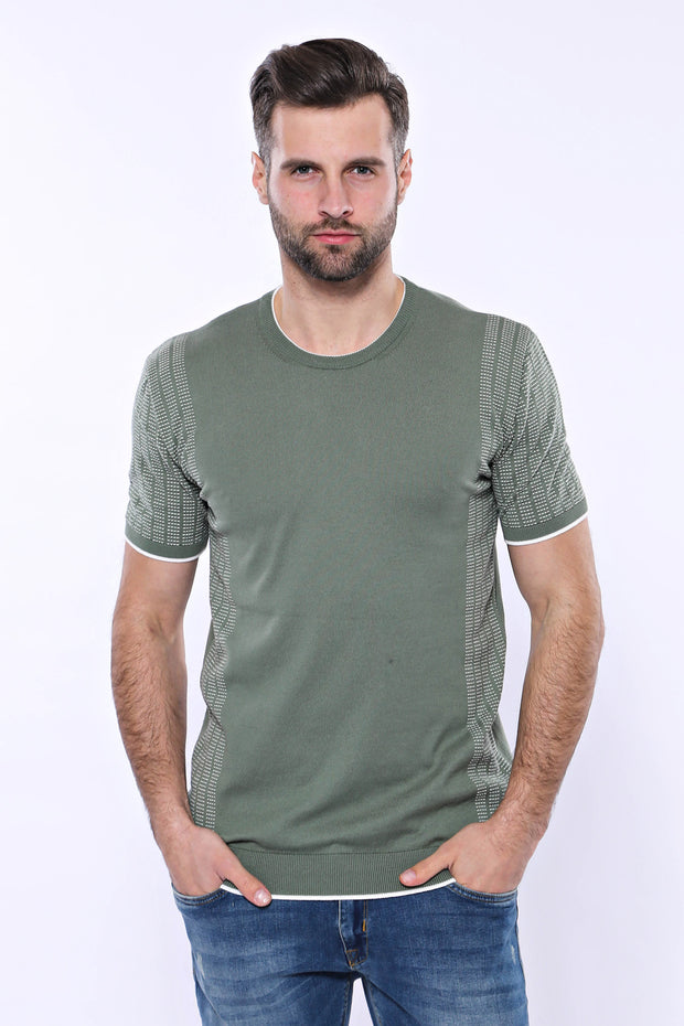 Circle Neck Patterned Green Knitted T-Shirt 3-piece-suit, Basic, Basic T Shirt, Casual, Crew Neck, Daily, Knit, Modern Fit, Patterned, Slim Fit, T-Shirt, Zippered T-ShirtBasic T Shirt - wessi