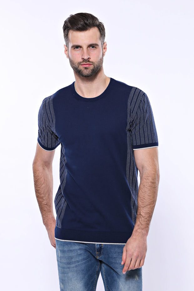 Circle Neck Patterned Navy Knitted T-Shirt 3-piece-suit, Basic, Basic T Shirt, Blue, Casual, Crew Neck, Daily, Knit, Modern Fit, Navy, navy-blue, Patterned, Slim Fit, T-Shirt, Zippered T-Shir