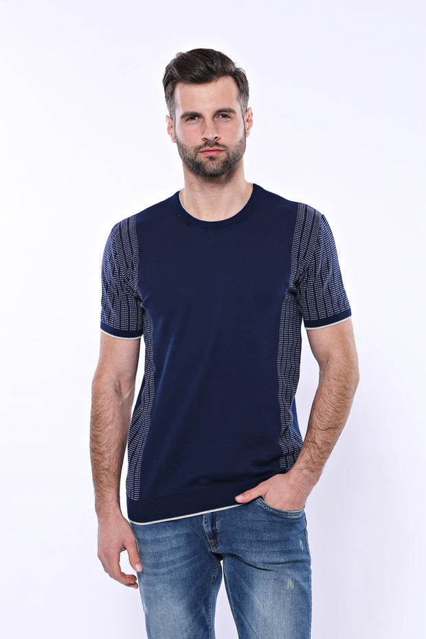 Circle Neck Patterned Navy Knitted T-Shirt 3-piece-suit, Basic, Basic T Shirt, Blue, Casual, Crew Neck, Daily, Knit, Modern Fit, Navy, navy-blue, Patterned, Slim Fit, T-Shirt, Zippered T-Shir