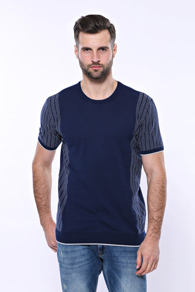 Circle Neck Patterned Navy Knitted T-Shirt 3-piece-suit, Basic, Basic T Shirt, Blue, Casual, Crew Neck, Daily, Knit, Modern Fit, Navy, navy-blue, Patterned, Slim Fit, T-Shirt, Zippered T-Shir