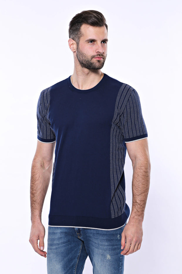 Circle Neck Patterned Navy Knitted T-Shirt 3-piece-suit, Basic, Basic T Shirt, Blue, Casual, Crew Neck, Daily, Knit, Modern Fit, Navy, navy-blue, Patterned, Slim Fit, T-Shirt, Zippered T-Shir