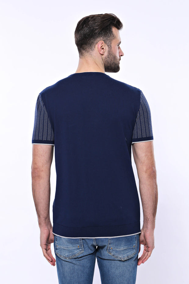 Circle Neck Patterned Navy Knitted T-Shirt 3-piece-suit, Basic, Basic T Shirt, Blue, Casual, Crew Neck, Daily, Knit, Modern Fit, Navy, navy-blue, Patterned, Slim Fit, T-Shirt, Zippered T-Shir