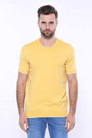 Circle Neck Patterned Yellow Knitted T-Shirt 3-piece-suit, Basic, Basic T Shirt, Casual, Crew Neck, Daily, Knit, Modern Fit, Patterned, Slim Fit, T-Shirt, yellow, Zippered T-ShirtBasic T Shir