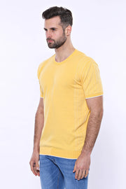 Circle Neck Patterned Yellow Knitted T-Shirt 3-piece-suit, Basic, Basic T Shirt, Casual, Crew Neck, Daily, Knit, Modern Fit, Patterned, Slim Fit, T-Shirt, yellow, Zippered T-ShirtBasic T Shir