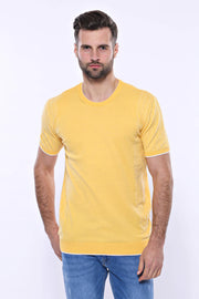 Circle Neck Patterned Yellow Knitted T-Shirt 3-piece-suit, Basic, Basic T Shirt, Casual, Crew Neck, Daily, Knit, Modern Fit, Patterned, Slim Fit, T-Shirt, yellow, Zippered T-ShirtBasic T Shir