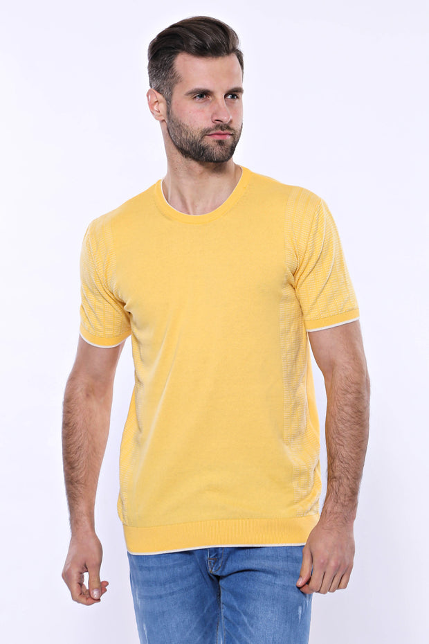 Circle Neck Patterned Yellow Knitted T-Shirt 3-piece-suit, Basic, Basic T Shirt, Casual, Crew Neck, Daily, Knit, Modern Fit, Patterned, Slim Fit, T-Shirt, yellow, Zippered T-ShirtBasic T Shir