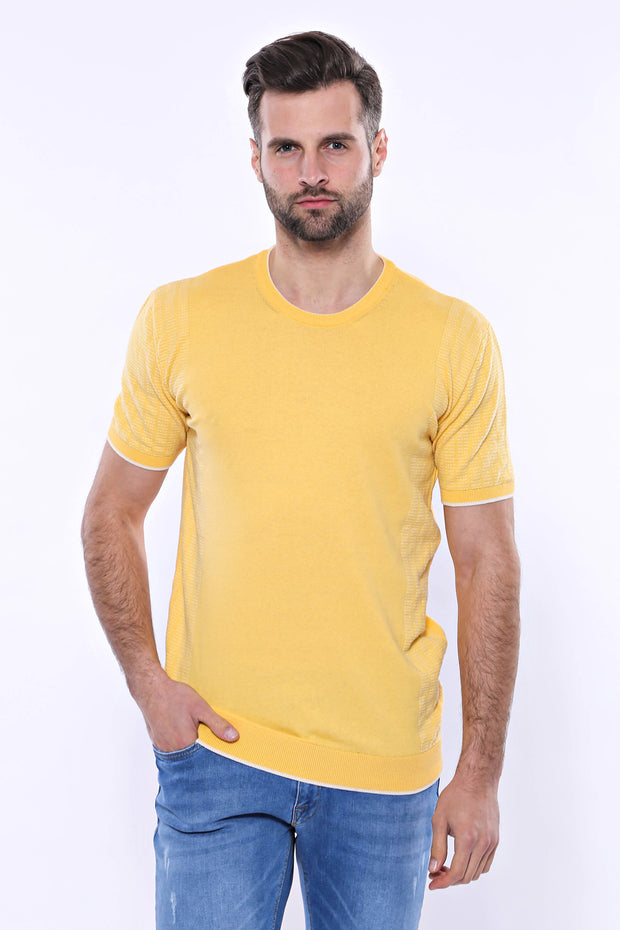 Circle Neck Patterned Yellow Knitted T-Shirt 3-piece-suit, Basic, Basic T Shirt, Casual, Crew Neck, Daily, Knit, Modern Fit, Patterned, Slim Fit, T-Shirt, yellow, Zippered T-ShirtBasic T Shir