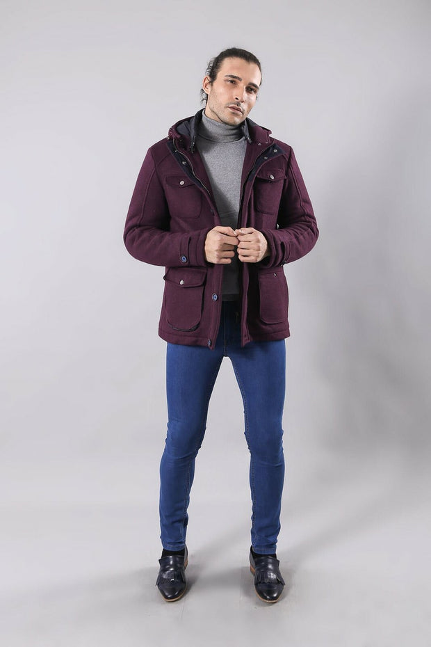 Claret Red Felt Hooded Coat $50 - $100, 3-piece-suit, 36, 38, 40, 42, 44, 46, Buttoned, Claret Red, Coat, Daily, Felt, Hooded, Kaban, Modern Fit, Outwear, Plain, Single Vent, Slim Fit, Zipper