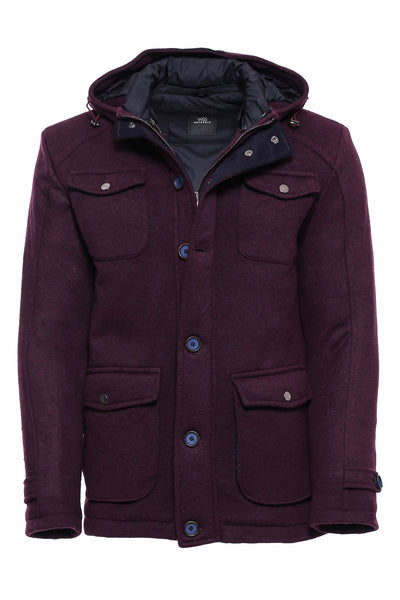 Claret Red Felt Hooded Coat $50 - $100, 3-piece-suit, 36, 38, 40, 42, 44, 46, Buttoned, Claret Red, Coat, Daily, Felt, Hooded, Kaban, Modern Fit, Outwear, Plain, Single Vent, Slim Fit, Zipper