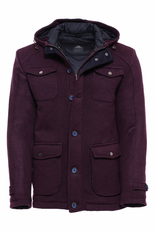 Claret Red Felt Hooded Coat $50 - $100, 3-piece-suit, 36, 38, 40, 42, 44, 46, Buttoned, Claret Red, Coat, Daily, Felt, Hooded, Kaban, Modern Fit, Outwear, Plain, Single Vent, Slim Fit, Zipper