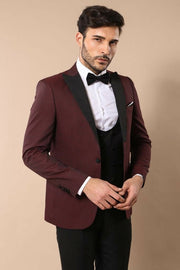 Plaid Patterned Burgundy Tuxedo 3-piece-suit, 36, 40, 42, 44, 46, Double Breasted, Modern Fit, Party, Peak, Peak Lapel, Slim Fit, Slim Fit Suit, Suit, Wedding SuitSlim Fit Suit - wessi