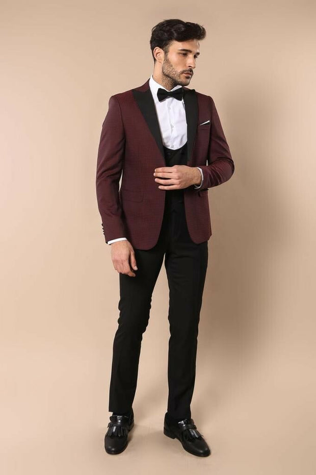 Plaid Patterned Burgundy Tuxedo 3-piece-suit, 36, 40, 42, 44, 46, Double Breasted, Modern Fit, Party, Peak, Peak Lapel, Slim Fit, Slim Fit Suit, Suit, Wedding SuitSlim Fit Suit - wessi