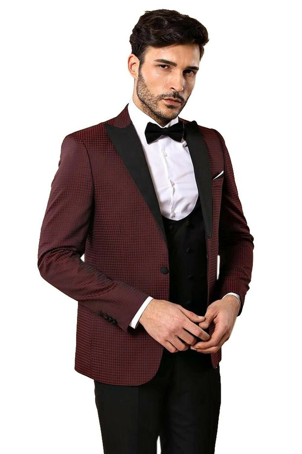 Plaid Patterned Burgundy Tuxedo 3-piece-suit, 36, 40, 42, 44, 46, Double Breasted, Modern Fit, Party, Peak, Peak Lapel, Slim Fit, Slim Fit Suit, Suit, Wedding SuitSlim Fit Suit - wessi