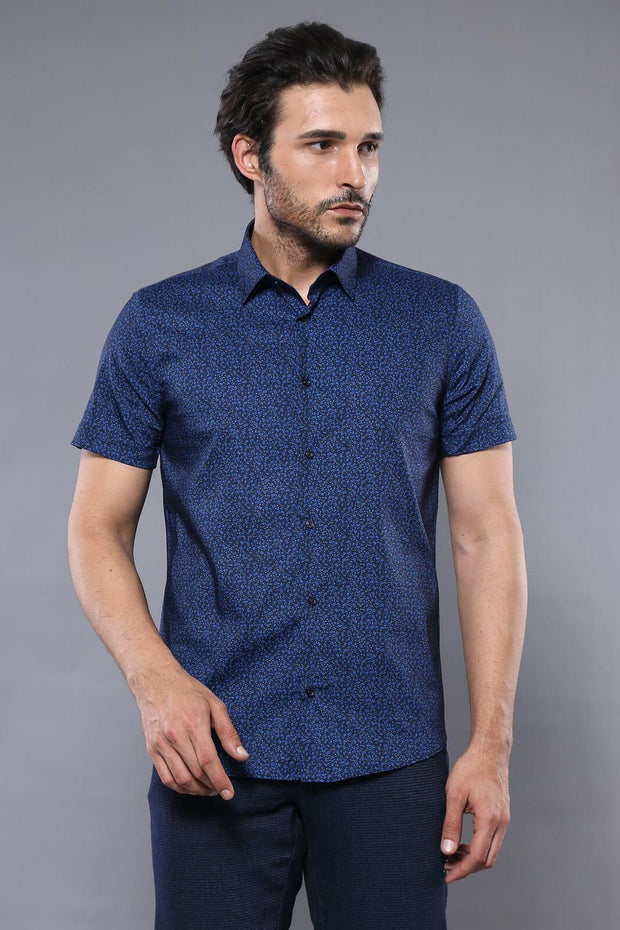 Navy Blue Patterned Short Sleeve Shirt | Wessi 3-piece-suit, blue, Casual, Daily, Italian, L, M, Modern Fit, Navy, Navy Blue, Patterned, S, Shirt, Short Sleeve, Short Sleeve Shirt, Slim Fit, 