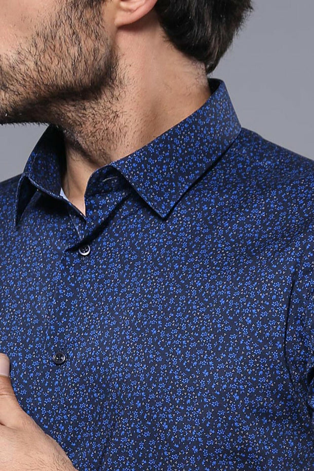 Navy Blue Patterned Short Sleeve Shirt | Wessi 3-piece-suit, blue, Casual, Daily, Italian, L, M, Modern Fit, Navy, Navy Blue, Patterned, S, Shirt, Short Sleeve, Short Sleeve Shirt, Slim Fit, 