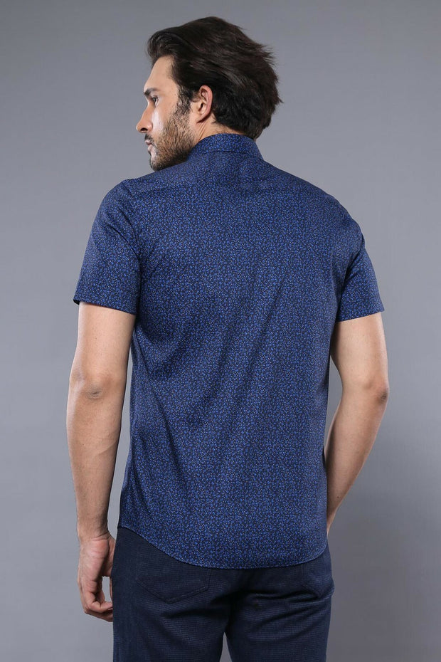 Navy Blue Patterned Short Sleeve Shirt | Wessi 3-piece-suit, blue, Casual, Daily, Italian, L, M, Modern Fit, Navy, Navy Blue, Patterned, S, Shirt, Short Sleeve, Short Sleeve Shirt, Slim Fit, 