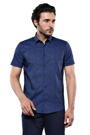 Navy Blue Patterned Short Sleeve Shirt | Wessi 3-piece-suit, blue, Casual, Daily, Italian, L, M, Modern Fit, Navy, Navy Blue, Patterned, S, Shirt, Short Sleeve, Short Sleeve Shirt, Slim Fit, 