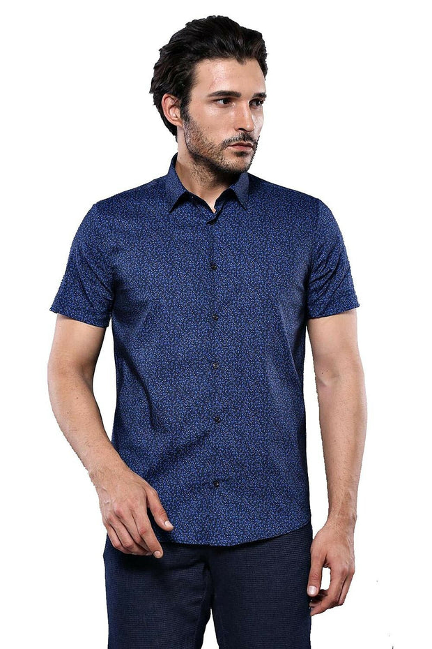 Navy Blue Patterned Short Sleeve Shirt | Wessi 3-piece-suit, blue, Casual, Daily, Italian, L, M, Modern Fit, Navy, Navy Blue, Patterned, S, Shirt, Short Sleeve, Short Sleeve Shirt, Slim Fit, 