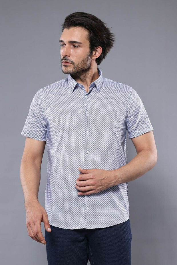 Patterned Short Sleeve Blue Men's Shirt | Wessi 3-piece-suit, Casual, Daily, Italian, L, M, Modern Fit, Patterned, Shirt, Short Sleeve, Short Sleeve Shirt, Slim Fit, XL ShirtShort Sleeve Shir