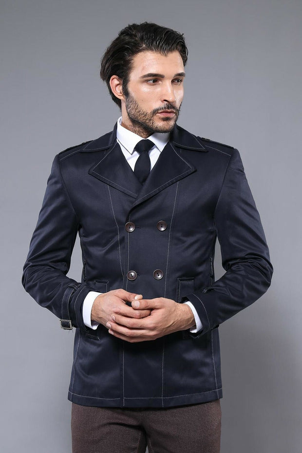 Double Breasted Navy Blue Trenchcoat | Wessi 3-piece-suit, Blue, Double Breasted, Modern Fit, Navy, navy-blue, Outwear, Slim Fit, Trenchcoat OutwearTrenchcoat - wessi