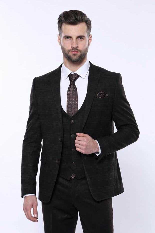 Brown Plaid Men's Winter 3 Piece Suit 3 Piece Suits, 3-piece-suit, 36, 40, 42, 44, 46, Checked, mens-suit_obsolete, Modern Fit, Notch, Plaid, Slim Fit, Suit Suit3 Piece Suits - wessi