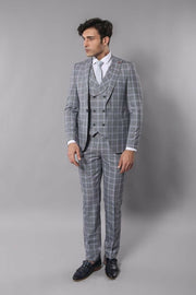 Double Breasted Grey Suit $100 - $150, 3-piece-suit, 40, 42, 6 Drop, Checked, Daily, Double Breasted, Italian, Italian Suit, mens-suit_obsolete, Modern Fit, Peak, Peak Lapel, Plaid, Slim Fit,