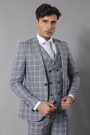 Double Breasted Grey Suit $100 - $150, 3-piece-suit, 40, 42, 6 Drop, Checked, Daily, Double Breasted, Italian, Italian Suit, mens-suit_obsolete, Modern Fit, Peak, Peak Lapel, Plaid, Slim Fit,