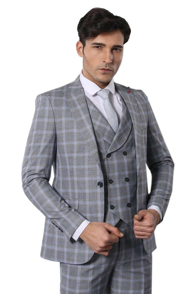 Double Breasted Grey Suit $100 - $150, 3-piece-suit, 40, 42, 6 Drop, Checked, Daily, Double Breasted, Italian, Italian Suit, mens-suit_obsolete, Modern Fit, Peak, Peak Lapel, Plaid, Slim Fit,