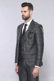 Vested Smoked Checked Suit | Wessi 3 Piece Suits, 3-piece-suit, 34, 48, Checked, mens-suit_obsolete, Peak, Peak Lapel, Plaid, Suit Suit3 Piece Suits - wessi