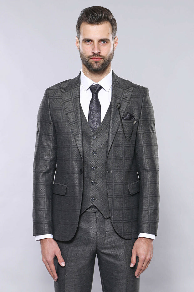 Vested Smoked Checked Suit | Wessi 3 Piece Suits, 3-piece-suit, 34, 48, Checked, mens-suit_obsolete, Peak, Peak Lapel, Plaid, Suit Suit3 Piece Suits - wessi