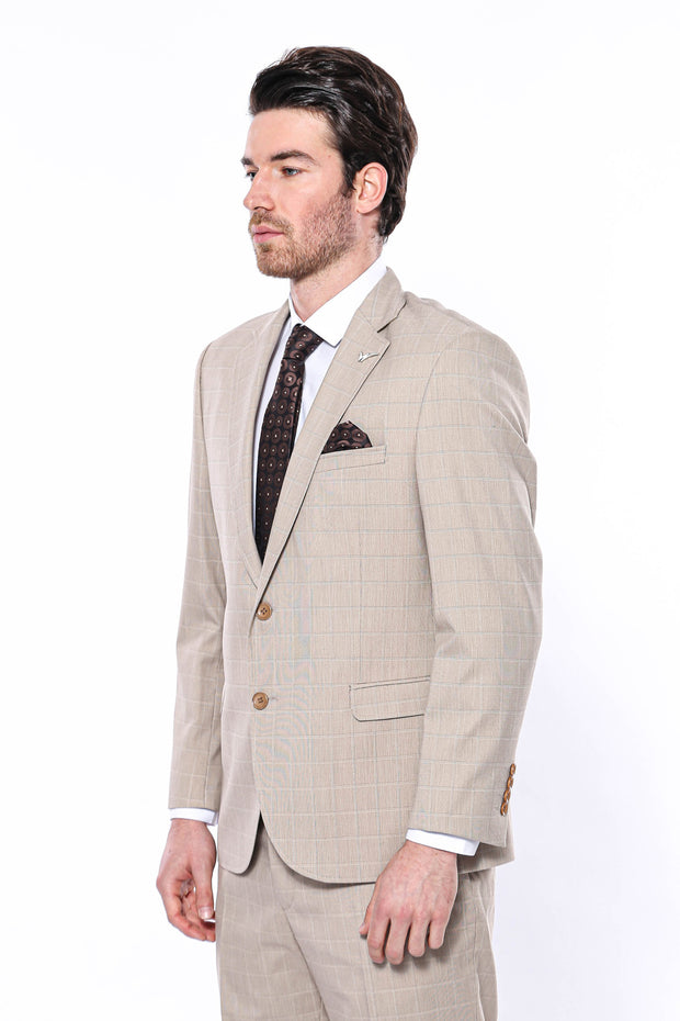 4 Drop Checked Regular Fit Beige Suit