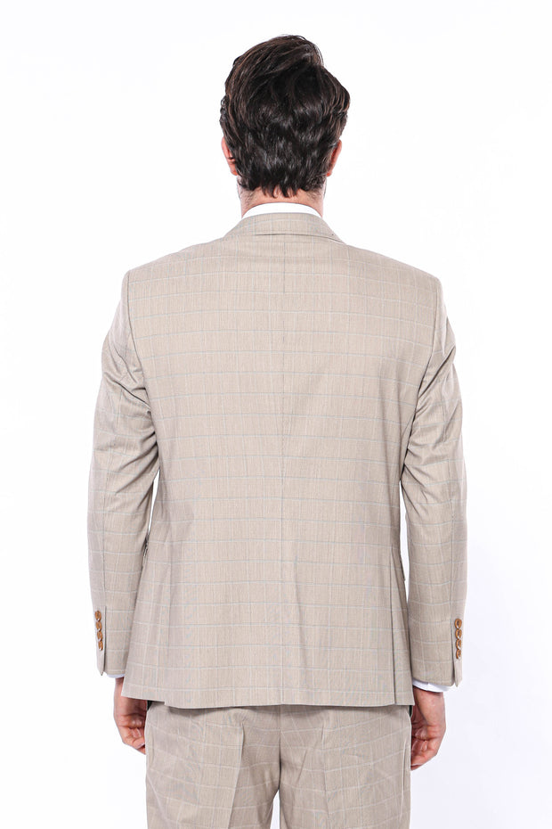 4 Drop Checked Regular Fit Beige Suit