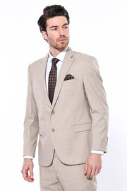 4 Drop Checked Regular Fit Beige Suit