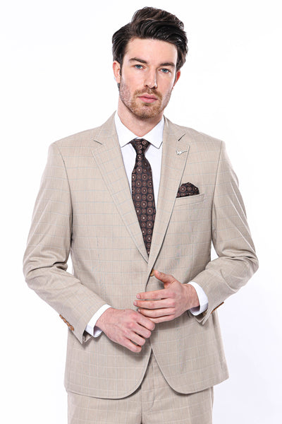 4 Drop Checked Regular Fit Beige Suit