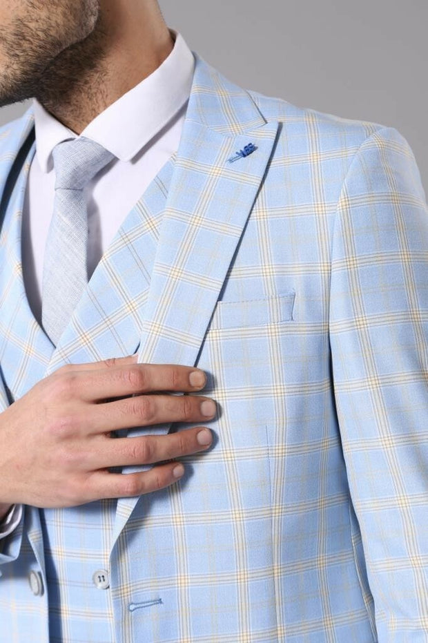 Baby Blue Checked Three Pieces Of Suit | Wessi