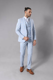 Baby Blue Checked Three Pieces Of Suit | Wessi