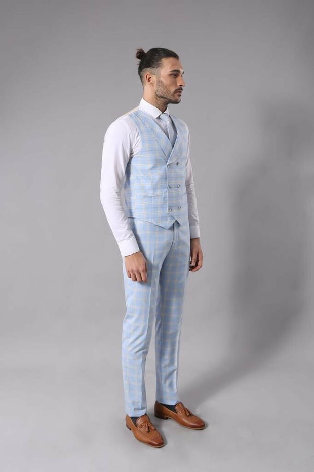 Baby Blue Checked Three Pieces Of Suit | Wessi