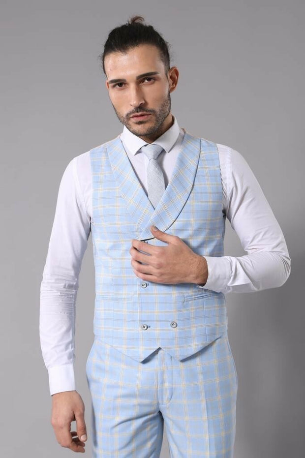 Baby Blue Checked Three Pieces Of Suit | Wessi