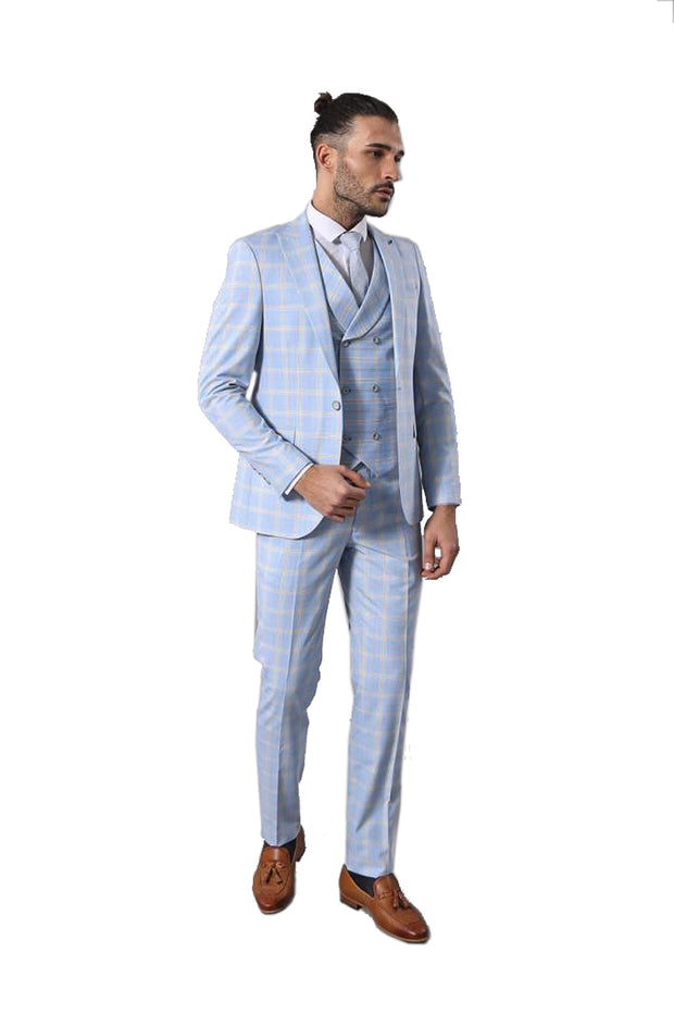 Baby Blue Checked Three Pieces Of Suit | Wessi