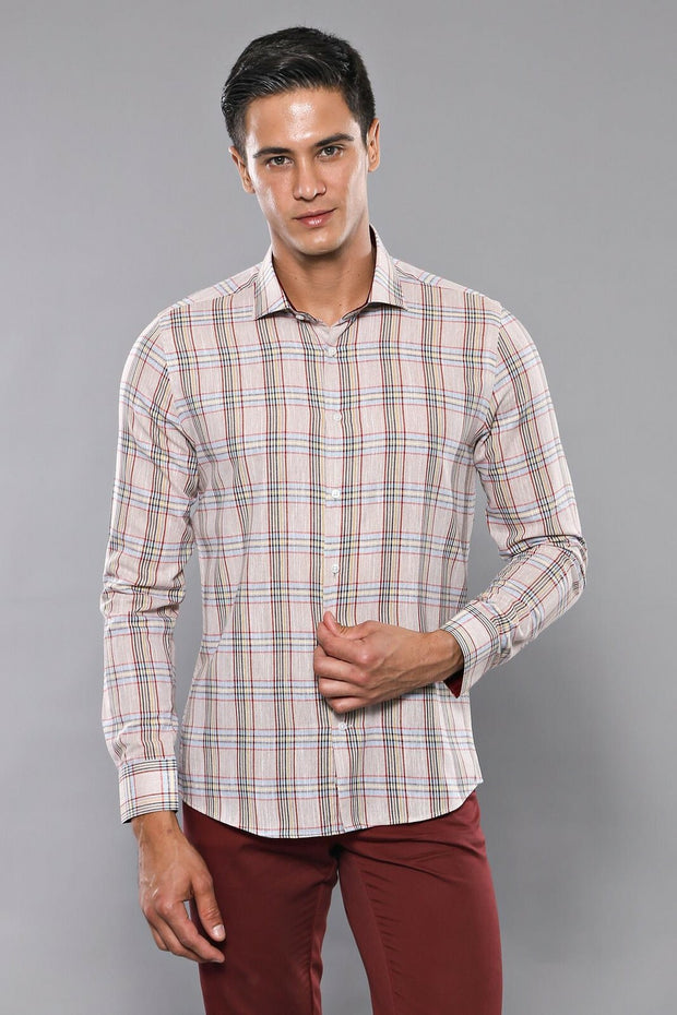 Beige Plaid Slim-Fit Shirt | Wessi