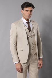 Beige Self-Patterned Vested Suit | Wessi