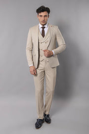 Beige Self-Patterned Vested Suit | Wessi