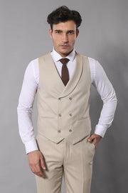 Beige Self-Patterned Vested Suit | Wessi