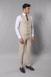 Beige Self-Patterned Vested Suit | Wessi