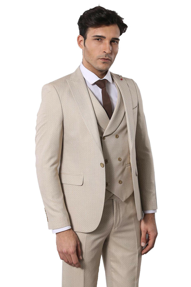 Beige Self-Patterned Vested Suit | Wessi