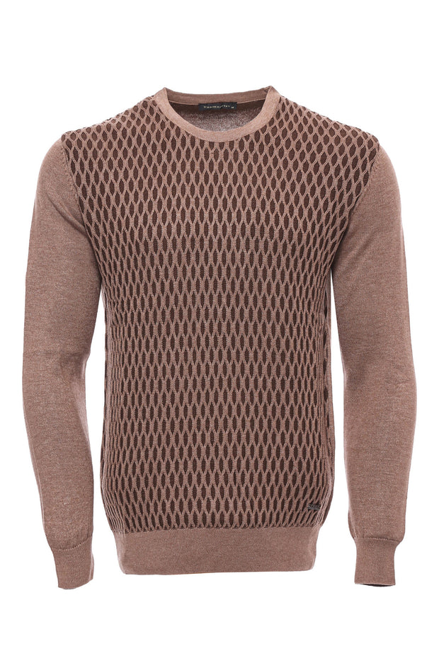 Biege Diamond Patterned Circle Neck Sweater