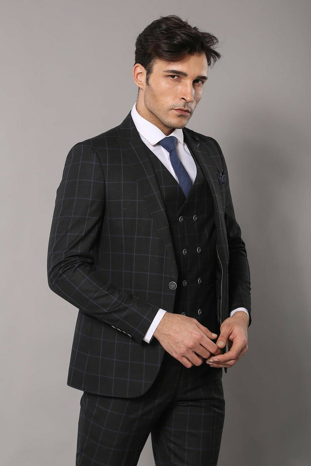 Black Checked 3 Piece Linen Suit | Wessi