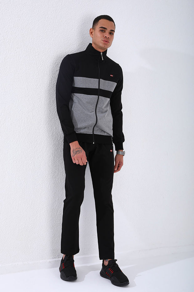 Black Gray Detailed Mandarin Collar Men's Tracksuit