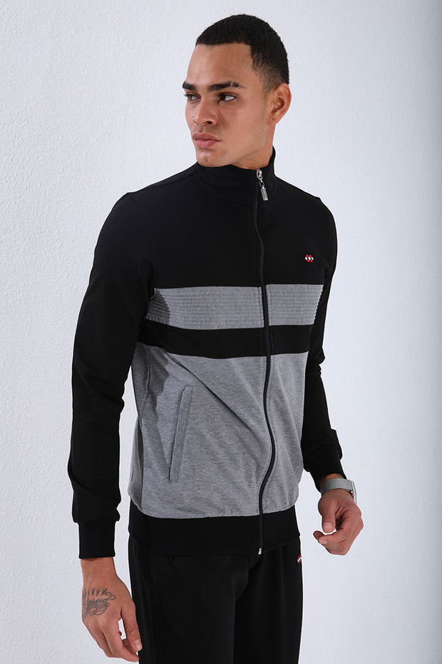 Black Gray Detailed Mandarin Collar Men's Tracksuit